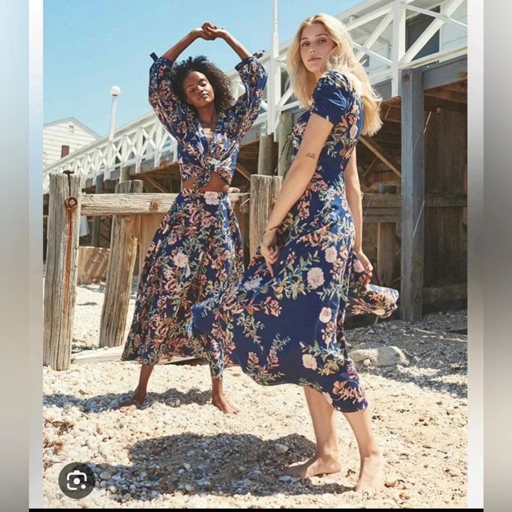 Cara Cara Bellport Blue Midi Floral Dress Fit & Flare Sweetheart Neck Designer - Picture 1 of 10